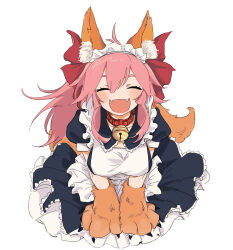 Rule 34 | absurdres, animal ear fluff, animal ears, animal hands, antenna hair, apron, bell, black dress, bow, cat paws, closed eyes, dress, facing viewer, fangs, fate/grand order, fate (series), fox ears, fox girl, fox tail, frilled apron, frilled skirt, frills, gloves, hair between eyes, hair bow, highres, jingle bell, kaigan0211, light blush, long hair, maid, maid headdress, neck bell, open mouth, paw gloves, petticoat, pink hair, ponytail, puffy short sleeves, puffy sleeves, red bow, short sleeves, simple background, skirt, smile, tail, tamamo (fate), tamamo cat (fate), tamamo cat (second ascension) (fate), white apron, white background