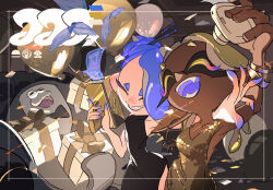 1boy 2girls balloon banknote big_man_(splatoon) blonde_hair blue_hair box closed_eyes dark-skinned_female dark_skin dress fangs frye_(splatoon) gift gift_box grin hand_on_another&#039;s_shoulder money multiple_girls nintendo official_alternate_costume official_art open_mouth shiver_(splatoon) side_slit smile splatoon_(series) splatoon_3