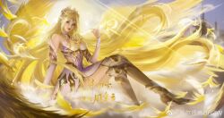 Rule 34 | 1girl, absurdres, angel wings, arm up, armor, armored dress, artist request, bare shoulders, bird, blonde hair, building, closed mouth, detached collar, detached sleeves, douluo dalu, dress, full body, high heels, highres, light rays, long hair, looking at viewer, qian renxue (douluo dalu), second-party source, sitting, smile, solo, very long hair, watermark, white dress, wings
