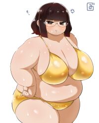 Rule 34 | 1girl, bikini, blunt bangs, blunt ends, blush, breasts, brown eyes, brown hair, cleavage, clenched hand, closed mouth, collarbone, commentary request, cowboy shot, fat, glasses, gradient hair, highres, huge breasts, large breasts, looking at viewer, multicolored hair, navel, original, rimless eyewear, simple background, solo, sweat, swimsuit, thick arms, thick thighs, thighs, translation request, tsurime, v-shaped eyebrows, white background, yellow bikini, zuisawa