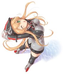 Rule 34 | 10s, 1girl, arms behind head, blonde hair, breasts, chestnut mouth, commentary request, from above, from behind, full body, gloves, green eyes, kantai collection, large breasts, long hair, long sleeves, microskirt, military, military uniform, one eye closed, pleated skirt, prinz eugen (kancolle), skirt, solo, standing, stretching, thighhighs, uguisu kagura, uniform, white background, zettai ryouiki