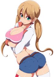 Rule 34 | 1girl, ass, belt, blonde hair, blush, breast rest, breasts, butt crack, cleavage, closed mouth, collarbone, denim, denim shorts, earrings, from behind, green eyes, gundam, gundam tekketsu no orphans, highres, jacket, jewelry, lafter frankland, large breasts, long hair, looking at viewer, low twintails, ponponmaru, shiny skin, short shorts, shorts, sideboob, simple background, smile, solo, striped clothes, striped thighhighs, thighhighs, twintails, very long hair, white background, white thighhighs