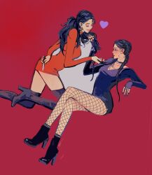 Rule 34 | 1girl, animification, black dress, black hair, boots, choker, dress, fishnet pantyhose, fishnets, heart, high heel boots, high heels, highres, huangdanlan, invisible chair, joy (red velvet), k-pop, long sleeves, pantyhose, profile, real life, red background, red dress, red nails, red velvet (group), simple background, sitting, smile, thigh boots, twintails