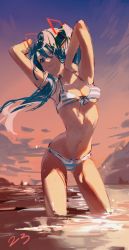 Rule 34 | 1girl, aqua eyes, aqua hair, arms up, bikini, breasts, cleavage, cloud, evening, hair between eyes, hair ornament, hatsune miku, hatsune miku (vocaloid4), jiu ye sang, long hair, looking at viewer, medium breasts, outdoors, parted lips, sky, solo, striped bikini, striped clothes, swimsuit, twintails, vocaloid, w, wading, water