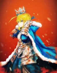 Rule 34 | 1girl, ahoge, armor, artoria pendragon (fate), blonde hair, blue eyes, breastplate, cape, colored eyelashes, crown, fate/stay night, fate (series), fur-trimmed cape, fur trim, highres, mimit, red background, saber (fate), solo, type-moon