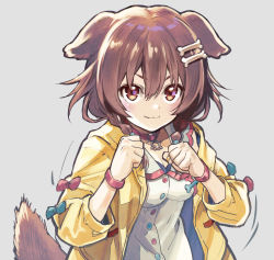 Rule 34 | 1girl, :3, animal collar, animal ears, bone hair ornament, bow, bracelet, braid, breasts, brown eyes, brown hair, buttons, cartoon bone, choker, cleavage, clenched hands, collar, commentary, dog ears, dog girl, dog tail, dress, fighting stance, hair between eyes, hair ornament, highres, hololive, inugami korone, inugami korone (1st costume), jacket, jewelry, looking at viewer, low twin braids, medium breasts, paw print, sakino shingetsu, simple background, smile, solo, tail, twin braids, upper body, virtual youtuber