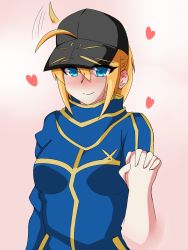 Rule 34 | 1girl, ahoge, alternate eye color, artoria pendragon (fate), baseball cap, blonde hair, blue eyes, blush, breasts, expressive hair, fate/grand order, fate (series), hair between eyes, holding hands, hat, heart, highres, interlocked fingers, jacket, mysterious heroine x (fate), okita shigu, pov, rojiura satsuki : chapter heroine sanctuary, saber (fate), small breasts, solo, solo focus, track jacket
