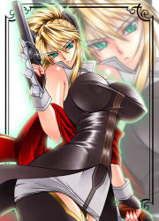 Rule 34 | 00s, 1girl, aqua eyes, bare shoulders, blonde hair, breasts, covered erect nipples, curvy, dual wielding, fingerless gloves, from below, gloves, green eyes, gun, hamon ai, holding, impossible clothes, large breasts, legretta, legretta (tales), looking at viewer, miniskirt, narrow waist, pencil skirt, shawl, shirt, skin tight, skirt, solo, tales of (series), tales of the abyss, taut clothes, taut shirt, thighhighs, weapon, zoom layer