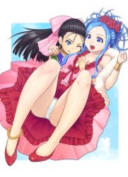 Rule 34 | 2girls, :q, anklet, black hair, blue eyes, blue hair, blush, bow, bracelet, breasts, choker, cleavage, cloud, cosplay, costume switch, deborah (cosplay), deborah (dq5), dragon quest, dragon quest v, dress, earrings, flora (cosplay), flora (dq5), flower, hair bow, hair flower, hair ornament, half updo, hand on another&#039;s chest, hand on shoulder, highres, jewelry, large breasts, legs, lipstick, long hair, mahito, makeup, mole, multiple girls, one eye closed, panties, pink bow, red eyes, red flower, red rose, rose, siblings, sisters, sky, surprised arms, tongue, tongue out, underwear, wink