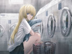 Rule 34 | 1girl, black shorts, blonde hair, hugging doll, ebiri fy, greyscale, highres, indoors, laundromat, laundry, laundry basket, legs, long hair, looking at viewer, monochrome, hugging object, open mouth, original, shirt, shorts, solo, squatting, stuffed animal, stuffed shark, stuffed toy, thighs, washing machine, white shirt