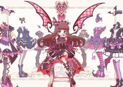 Rule 34 | 1girl, bad id, bad twitter id, black shorts, blue eyes, brown hair, closed mouth, commentary, demon wings, detached sleeves, dress, fang, fang out, fingernails, frills, full body, head rest, head wings, highres, kurosu aroma, lolita fashion, long fingernails, long hair, looking at viewer, pretty series, pripara, ruru ashihara, shorts, sitting, sleeveless, smile, solo, thigh strap, thighhighs, wings