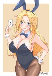 Rule 34 | 1girl, :d, ace (playing card), ace of hearts, ace of spades, animal ear hairband, animal ears, backless leotard, bare shoulders, between breasts, black leotard, black pantyhose, blonde hair, blue bow, blue eyes, blush, border, bow, bowtie, breasts, card, card between breasts, cleavage, commentary request, covered navel, cowboy shot, curly hair, detached collar, fake animal ears, grin, hairband, hand on own hip, hand up, heart, highres, hip focus, holding, holding card, hornet (kancolle), kantai collection, large breasts, leotard, long hair, looking at viewer, open mouth, outside border, pantyhose, parted lips, playboy bunny, playing card, rabbit ears, rabbit tail, signature, smile, solo, spade (shape), standing, tail, thigh gap, very long hair, white border, wrist cuffs, yatsurugi