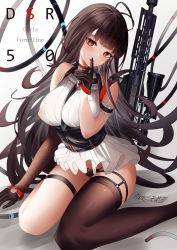 Rule 34 | 1girl, absurdres, anti-materiel rifle, between breasts, black corset, black necktie, black panties, blast compensator, blush, bolt-action rifle, bolt action, breasts, brown gloves, brown hair, brown thighhighs, bullpup, character name, compensator, copyright name, corset, dress, dsr-50, dsr-50 (girls&#039; frontline), finger to mouth, foot out of frame, girls&#039; frontline, gloves, gun, hand on floor, highres, large breasts, legs, long hair, looking at viewer, muzzle device, necktie, necktie between breasts, on floor, open mouth, orange eyes, panties, pixiv username, rifle, shitsurakuen (paradise lost), short dress, shushing, simple background, single thighhigh, sniper rifle, solo, suppressor, thighhighs, thighs, underwear, weapon, white dress