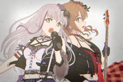 Rule 34 | 2girls, :d, bang dream!, bass guitar, black choker, black gloves, black jacket, brown hair, chain necklace, choker, clothing cutout, collar, cross-laced clothes, flower, gloves, grey background, grey eyes, grey hair, grey shirt, hair flower, hair ornament, halterneck, heart pendant, imai lisa, instrument, jacket, jewelry, locket, long hair, long sleeves, minato yukina, multiple girls, navel, necklace, o-ring, o-ring choker, off shoulder, open mouth, pendant, plaid, plaid skirt, purple flower, red collar, red flower, red shirt, red skirt, shibasaki shouji, shirt, shoulder cutout, single sleeve, skirt, smile, suspenders, upper body, vest, yellow eyes