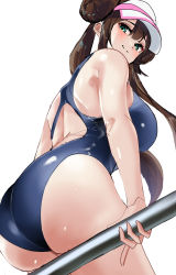 Rule 34 | 1girl, ass, aw999555, back cutout, bare shoulders, blue eyes, blush, breasts, clothing cutout, competition swimsuit, creatures (company), double bun, game freak, hair bun, highres, huge ass, large breasts, looking back, nintendo, one-piece swimsuit, pokemon, pokemon bw2, rosa (pokemon), sitting, solo, swimsuit, twintails, visor cap, white background