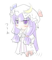 Rule 34 | 1girl, :&lt;, chibi, female focus, full body, hat, natsuki (silent selena), pale color, patchouli knowledge, purple eyes, purple hair, solo, touhou, white background