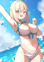 Rule 34 | 1girl, absurdres, aqua bow, arm up, armpits, asashin (asn), bare arms, bikini, blonde hair, blue sky, bow, breasts, cleavage, cloud, commentary request, day, fate/grand order, fate (series), gluteal fold, grey eyes, hair bow, highres, large breasts, looking at viewer, medium hair, navel, ocean, okita j. souji (fate), okita j. souji (third ascension) (fate), okita souji (fate), okita souji (koha-ace), open mouth, outdoors, sidelocks, sky, smile, solo, stomach, sunlight, swimsuit, teeth, thigh gap, upper teeth only, water, water drop, white bikini