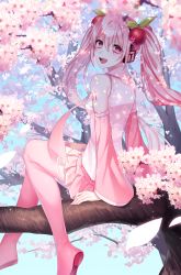 Rule 34 | 1girl, absurdres, bad id, bad pixiv id, bare shoulders, boots, cherry blossoms, cherry hair ornament, commentary, dappled sunlight, day, detached sleeves, flower, food-themed hair ornament, from behind, hair ornament, hatsune miku, headphones, highres, huge filesize, in tree, light smile, long hair, looking at viewer, looking back, miniskirt, nail polish, necktie, open mouth, outdoors, petals, pink eyes, pink flower, pink hair, pink nails, pink necktie, pink skirt, pink sleeves, pink thighhighs, pleated skirt, sakura miku, shirt, shoulder tattoo, sitting, sitting in tree, skirt, sleeveless, sleeveless shirt, solo, sunlight, tattoo, thigh boots, thighhighs, tree, twintails, very long hair, vocaloid, white shirt, zettai ryouiki, zzocobi