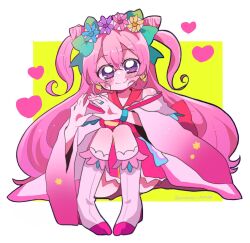 Rule 34 | 1girl, blush, boots, commentary request, cone hair bun, cure precious, cure precious (party up style), delicious party precure, earrings, hair bun, head wreath, heart, highres, huge bow, jewelry, kuu (omusubi chanya), long hair, magical girl, nagomi yui, pink hair, precure, purple eyes, sitting, smile, solo, spade hands, two side up, very long hair