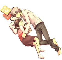 1boy 1girl atlus bad_id bad_pixiv_id barefoot brown_hair child closed_eyes cousins doujima_nanako feet grey_hair hair_ribbon kuma_(persona_4) lying narukami_yuu persona persona_4 pillow ribbon saeuchobab short_hair short_twintails sketch skirt sleeping socks tonkotsu_ramen twintails