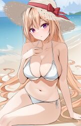 Rule 34 | 1girl, :o, absurdres, bare arms, bare shoulders, beach, bikini, black survival, blonde hair, blush, bow, breasts, character request, closed mouth, collarbone, costone, day, eternal return: black survival, hand on own chest, hat, hat bow, highres, large breasts, long hair, looking at viewer, navel, ocean, on ground, outdoors, parted lips, purple eyes, red bow, sitting, solo, straw hat, swimsuit, very long hair, water, white bikini, yellow hat