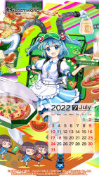 Rule 34 | 4girls, adapted costume, apron, backpack, bag, blue eyes, blue hair, blue necktie, blue skirt, blunt bangs, blunt ends, blush, box, calendar (medium), cheese, collared shirt, copyright name, copyright notice, cup, drinking straw, elbow pads, food, frilled apron, frilled skirt, frills, green bag, green headwear, highres, holding, holding box, holding tray, inline skates, kawashiro nitori, key, knee pads, looking at viewer, mechanical arms, multiple girls, necktie, official art, open mouth, pizza, pizza box, pizza delivery, pizza slice, plastic bag, pocket, puffy short sleeves, puffy sleeves, roller skates, shirt, short hair, short necktie, short sleeves, skates, skirt, smile, striped clothes, striped skirt, tomato, tomato slice, touhou, touhou lostword, tray, two side up, visor cap, white shirt
