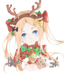 Rule 34 | 1girl, abigail williams (fate), animal ear fluff, animal ears, antlers, black bow, blonde hair, blue eyes, bow, brown hairband, christmas, commentary, deer ears, english commentary, fake animal ears, fake antlers, fate/grand order, fate (series), forehead, hair bow, hairband, highres, horns, long hair, looking at viewer, nakor., parted bangs, parted lips, red bow, reindeer antlers, sidelocks, simple background, solo, stuffed animal, stuffed toy, teddy bear, twintails, upper body, white background, yellow bow