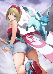 Rule 34 | 1girl, anklet, blonde hair, blue eyes, bracelet, closed mouth, commentary request, creatures (company), day, flute, game freak, gen 4 pokemon, glaceon, green bag, hair between eyes, hairband, highres, holding, holding instrument, instrument, irida (pokemon), jewelry, looking at viewer, nintendo, outdoors, pokemon, pokemon (creature), pokemon legends: arceus, red footwear, ryry (ryrypeko), sash, shirt, shoes, shorts, waist cape