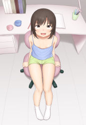 Rule 34 | 1girl, absurdres, blue camisole, breasts, brown eyes, brown hair, camisole, chair, desk, downblouse, from above, full body, green shorts, highres, indoors, legs, looking at viewer, looking up, open mouth, original, sc naru, short hair, short shorts, shorts, sitting, small breasts, smile, socks, solo, thigh gap, thighs, white footwear