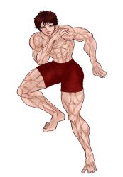 Rule 34 | 1boy, abs, brown hair, fighting stance, grappler baki, gym uniform, hanma baki, highres, looking to the side, male focus, muscular, muscular arms, muscular legs, muscular male, pectorals, red eyes, scar, solo