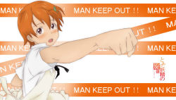 Rule 34 | 1girl, blush, brown eyes, caution tape, clenched hand, female focus, hair ornament, hairpin, inami mahiru, keep out, orange hair, short hair, solo, waitress, working!!, youyou (yaojing)