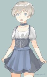 Rule 34 | 1girl, alternate costume, bad id, bad twitter id, blue eyes, dirndl, german clothes, hasegawa (rarairairai), highres, kantai collection, looking at viewer, open mouth, short hair, silver hair, skirt hold, smile, solo, traditional clothes, z1 leberecht maass (kancolle)