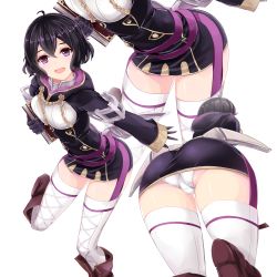 Rule 34 | 1girl, absurdres, ahoge, ass, black gloves, black hair, book, boots, brown footwear, buttons, dress, fire emblem, fire emblem awakening, fire emblem heroes, from behind, gloves, highres, holding, holding book, hood, hood down, long sleeves, md5 mismatch, minazuki (jo), morgan (female) (fire emblem), morgan (fire emblem), multiple views, nintendo, open mouth, panties, pantylines, pantyshot, purple eyes, resolution mismatch, short dress, short hair, simple background, source smaller, thighhighs, underwear, white background, white panties, white thighhighs, zettai ryouiki