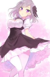 Rule 34 | 1girl, aya-chan (minoa), breasts, cleavage, hair ornament, large breasts, long skirt, minoa (lastswallow), original, pantyhose, puffy short sleeves, puffy sleeves, purple eyes, short sleeves, silver hair, skirt, solo, vest, white pantyhose