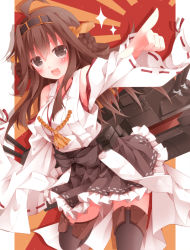 Rule 34 | 10s, 1girl, ahoge, bare shoulders, blush, brown hair, detached sleeves, hair ornament, hairband, headgear, japanese clothes, kantai collection, kongou (kancolle), long hair, mogu (au1127), open mouth, personification, skirt, smile, solo, thighhighs, wide sleeves