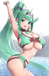 Rule 34 | 1girl, absurdres, bad anatomy, breasts, chest jewel, gonzarez, green eyes, green hair, highres, huge breasts, long hair, pneuma (xenoblade), ponytail, solo, very long hair, water, xenoblade chronicles (series), xenoblade chronicles 2