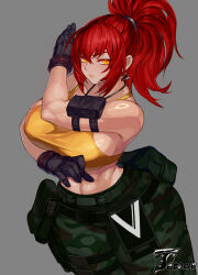 Rule 34 | absurdres, ammunition pouch, artist name, bare shoulders, breasts, camouflage, camouflage pants, cargo pants, crop top, dark persona, dog tags, earrings, gloves, highres, jewelry, large breasts, leona heidern, muscular, muscular female, orochi leona, pants, ponytail, pouch, red hair, sleeveless, soldier, tank top, the king of fighters, the king of fighters xv, triangle earrings, ttt (titatuem), yellow eyes, yellow tank top