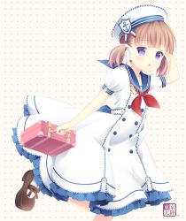 Rule 34 | 1girl, :o, anchor symbol, artist logo, artist name, black footwear, blue sailor collar, blunt bangs, briefcase, commentary request, dress, hair ribbon, hand on headwear, hat, holding, holding briefcase, kurasawa kyoushou, leaning forward, leg up, light brown hair, looking at viewer, lost tree, mary janes, medium dress, neckerchief, open mouth, original, polka dot, polka dot background, puffy short sleeves, puffy sleeves, purple eyes, red neckerchief, ribbon, sailor collar, sailor dress, sailor hat, school uniform, shoes, short hair, short sleeves, short twintails, socks, solo, standing, standing on one leg, twintails, white dress, white hat, white ribbon, white socks, yellow background