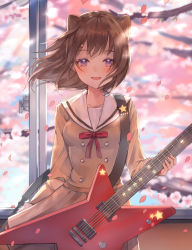 Rule 34 | 1girl, :d, absurdres, bang dream!, blush, brown dress, buttons, cherry blossoms, commentary request, cone hair bun, double-breasted, dress, electric guitar, guitar, hair blowing, hair bun, hair ornament, hanasakigawa school uniform, highres, instrument, long sleeves, looking at viewer, medium hair, neck ribbon, nogi momoko, open mouth, petals, purple eyes, red ribbon, ribbon, sailor dress, school uniform, smile, solo, star (symbol), star hair ornament, toyama kasumi, window