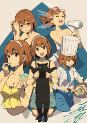 Rule 34 | 1girl, :p, brown eyes, brown hair, cake batter, camisole, cat, chef hat, chef, closed eyes, cooking, crying, eating, hair dryer, hat, headband, highres, kobayashi gen, looking at viewer, naked towel, open mouth, sajima yumi, school girl strikers, shorts, simple background, tongue, tongue out, towel
