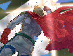 Rule 34 | 1boy, arm up, back, belt, blonde hair, boku no hero academia, cape, commentary request, from behind, gloves, highres, male focus, pants, raised fist, red cape, red gloves, solo, spiked hair, togata mirio, two-tone background, white background, yellow background, yomoyama yotabanashi