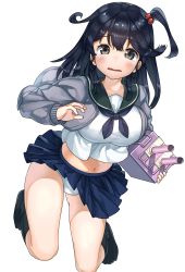 Rule 34 | 10s, 1girl, absurdres, alternate hairstyle, bad id, bad pixiv id, black hair, blush, breasts, brown eyes, cardigan, full-face blush, harumaki haruki, highres, kantai collection, large breasts, long hair, looking at viewer, midriff, navel, open mouth, panties, ponytail, school uniform, side ponytail, skirt, solo, tears, turret, underwear, ushio (kancolle), white panties