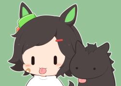 ._. 1girl :p animal animal_ears bandaid bandaid_on_cheek bandaid_on_face blush_stickers chibi closed_mouth gomashio_(goma_feet) green_background hair_ornament hairclip horse horse_ears horse_girl horse_tail outline shirt smile swept_bangs tail tongue tongue_out umamusume upper_body white_outline white_shirt winning_ticket_(racehorse) winning_ticket_(umamusume) |_|