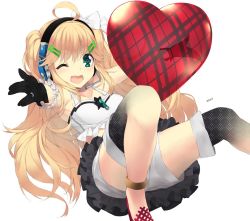 Rule 34 | 1girl, ;d, black skirt, black thighhighs, blonde hair, bow, collarbone, foreshortening, frills, green eyes, hair bow, hair flaps, hair ornament, hairclip, headphones, headset, heart, knees up, long hair, looking at viewer, lying, midriff, on back, one eye closed, open mouth, original, outstretched arms, rayvon, shorts, shorts under skirt, simple background, skirt, smile, solo, star-shaped pupils, star (symbol), symbol-shaped pupils, thighhighs, thighs, two side up, unmoving pattern, white background, white bow, white shorts