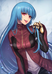Rule 34 | 1girl, belt collar, blue background, blue hair, chaps, collar, cropped jacket, kula diamond, long hair, looking at viewer, playing with own hair, re (re 09), red eyes, solo, teeth, the king of fighters, tongue, tongue out