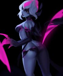 Rule 34 | 1girl, ass, bare shoulders, black background, black skin, breasts, colored skin, evelynn (league of legends), from behind, glowing, grey hair, grey skin, large breasts, league of legends, looking at viewer, looking back, multicolored hair, pink hair, smile, solo, two-tone hair, vatheja, yellow eyes