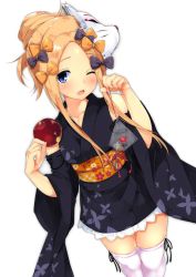 Rule 34 | 1girl, abigail williams (fate), alternate costume, alternate hairstyle, blonde hair, blush, bow, commentary request, detached sleeves, fate/grand order, fate (series), fish, hair bow, hair bun, hand fan, highres, japanese clothes, key, kimono, looking at viewer, mask, obi, one eye closed, orange bow, polka dot, polka dot bow, purple bow, sash, short kimono, sidelocks, simple background, single hair bun, sleeveless, sleeveless kimono, solo, thighhighs, tries, white background, white thighhighs, wide sleeves
