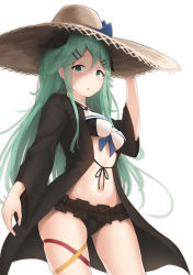 Rule 34 | 1girl, :o, adapted costume, alternate costume, bikini, bikini skirt, black bikini, black ribbon, breasts, collar, cowboy shot, driftkingtw, from above, green hair, hair between eyes, hair flaps, hair ornament, hair ribbon, hairclip, hat, hat ribbon, jacket, kantai collection, lace, long hair, long sleeves, looking at viewer, navel, ponytail, ribbon, side-tie bikini bottom, simple background, small breasts, solo, standing, stomach, sun hat, swimsuit, white background, yamakaze (kancolle)