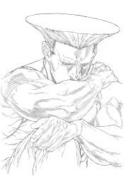 Rule 34 | 1boy, absurdres, american flag, american flag tattoo, flattop, furrowed brow, graphite (medium), greyscale, guile, highres, male focus, mature male, monochrome, muscular, muscular male, solo, street fighter, traditional media, yoshihara motoki