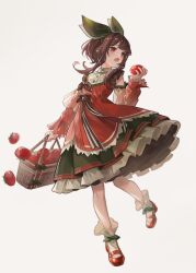 Rule 34 | 1girl, basket, blush, bow, brown eyes, buttons, detached sleeves, dress, food, full body, green bow, hair bow, highres, holding, holding basket, holding food, kyusoukyu, open mouth, original, red dress, red eyes, red footwear, red sleeves, shoes, short hair, simple background, socks, solo, tomato, white background, white socks